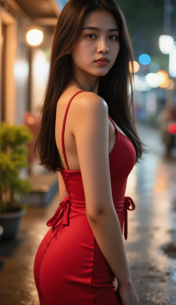Close up of Korean woman, gordibuena , with very large hips, with a short skirt and fishnet tights, also a small top and with short and combed hair, in a sexy pose