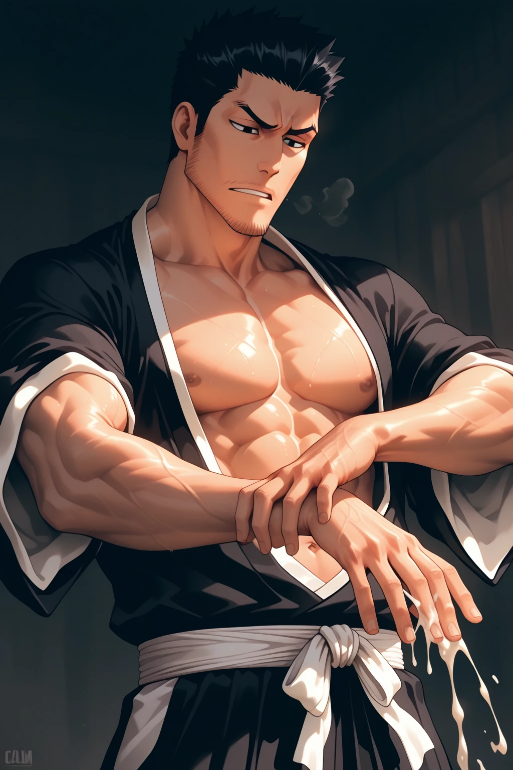 1 male, shenwoo, handsome, tall figure, muscular, sexy body, sitting on the table, blackboard, teacher, perfect composition, open mouth, frown, crying, screaming, masterpiece