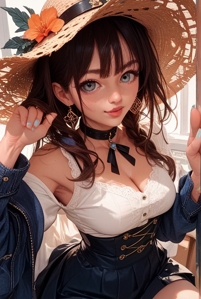 A girl with chibi contrapposto, wearing a big hat, with a flat chest, resembling Megumin. Her eyes are beautifully detailed with long eyelashes, and her lips are also beautifully detailed. The overall image should be ultra-detailed and realistic. The medium used is a photorealistic illustration. The scene should have a vivid color palette. The lighting should be soft and warm, creating a cozy atmosphere.