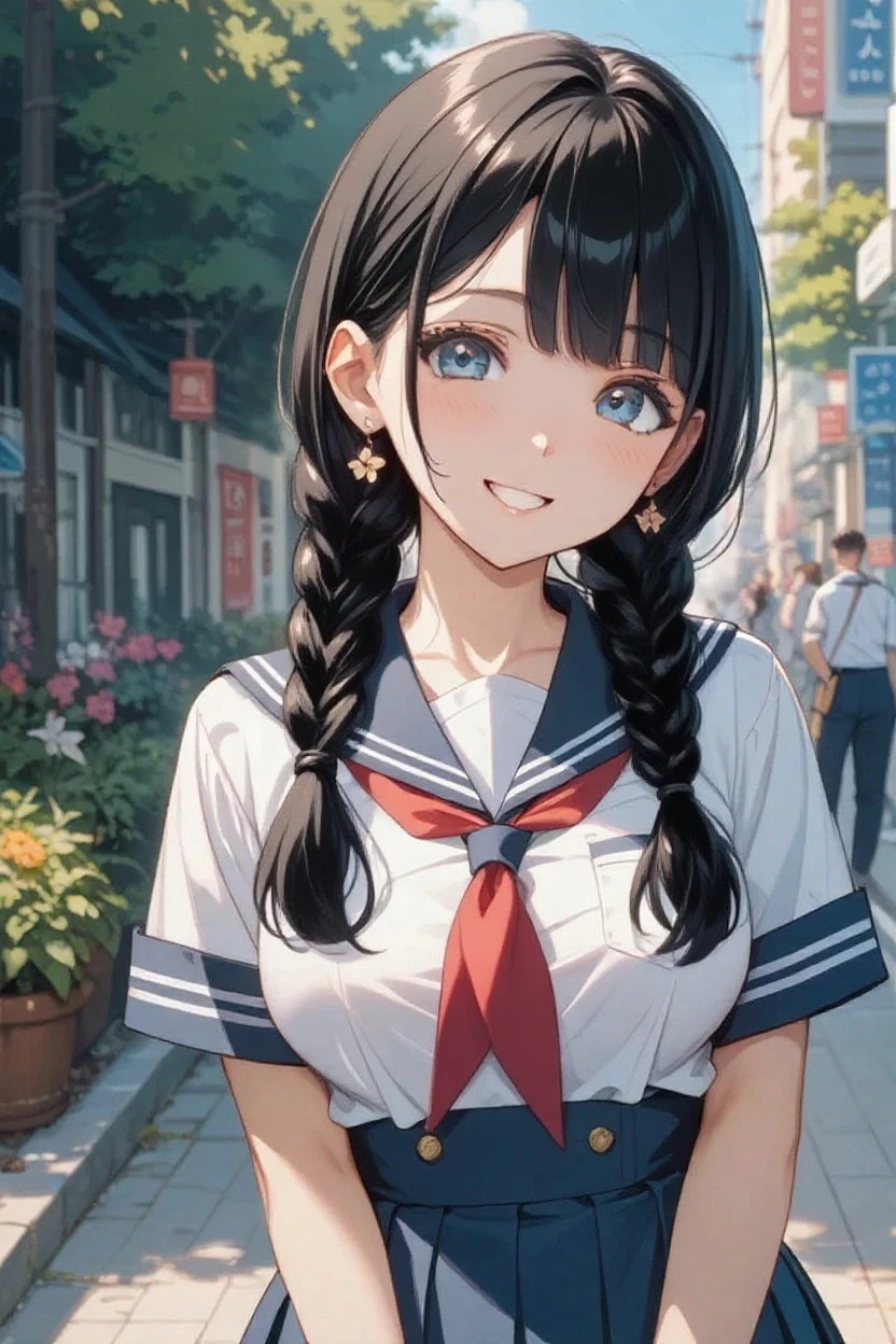 masterpiece, highest quality, One Girl, ((beautiful girl))、(((Narrow waist))), Official Art, RAWphotograph,colorful、Bright lighting、Face Light, Ultra-realistic, High resolution, photograph, Sharp focus, Highly detailed eyes and face,((Blue Eyes、There are stars in the eyes))、Symmetrical face, whole body、Long Hair、Thin thighs、Beautiful breasts、美しいCleavage、((Embarrassed、Shyness、Happy smile))、(((Sailor suit、Light blue micro mini skirt、Red ribbon、Cleavage)))、Knee-high socks、Brown Loafers、((The background is dark、A road with only one streetlight))