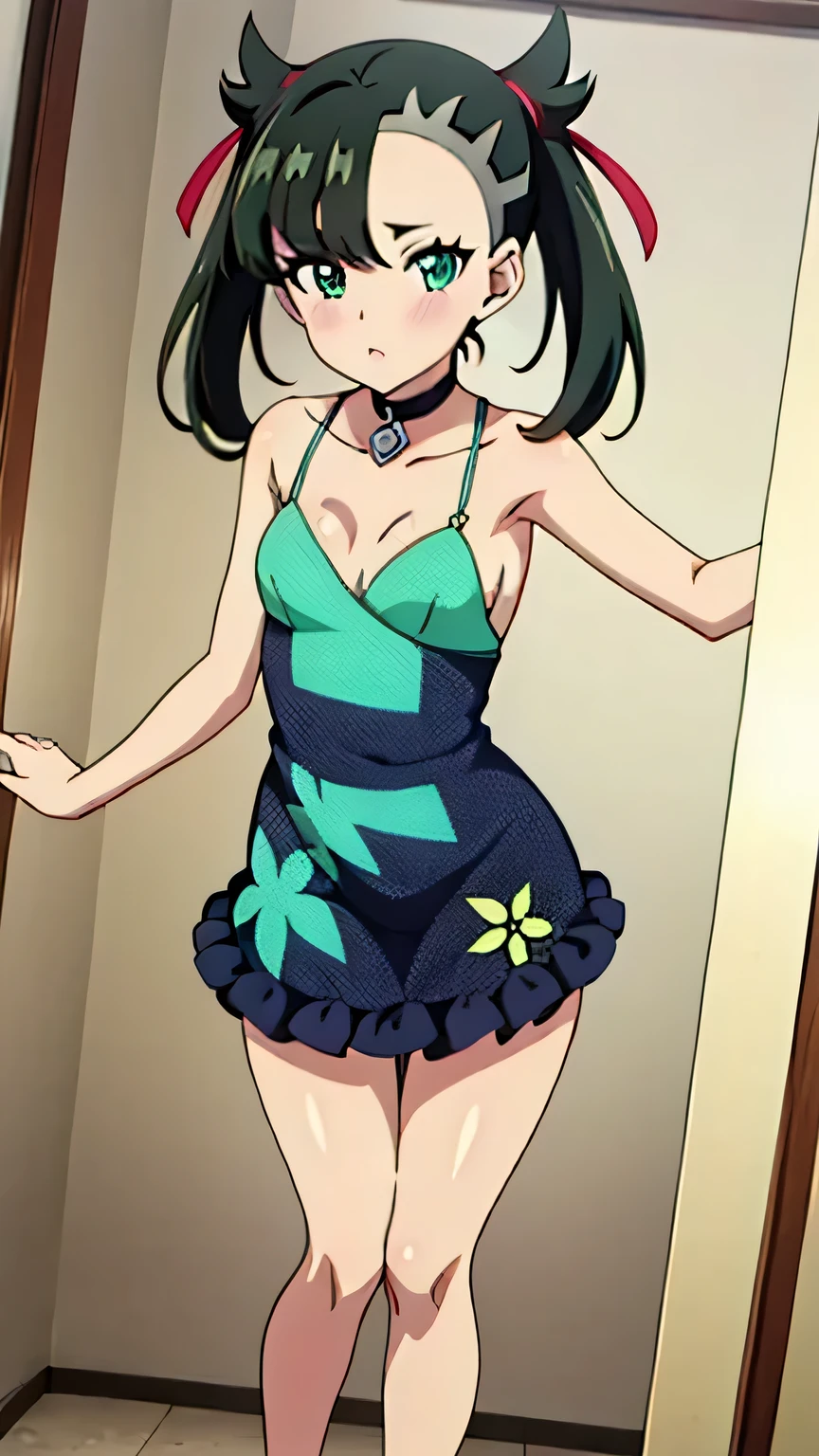 Marnie Pokemon, Marnie \(Pokemon\), blue-green eyes, green eyes, black hair, medium hair, asymmetrical bangs, black choker, red hair ribbon, earrings, black nail polish, (small breasted), (masterpiece, highest quality, highly detailed, 8k:1.2), (anime coloring), Perfect eyes, detailed eyes, 
Ecchi anime style, anime girl, Ecchi style, digital anime art, anime style, official artwork, visual novel CG, beautiful anime girl, anime style 4K, nffsw, Thick thighs, Shiny skin,  Parted Slutty, Gyaru, (fitting room, curtain in front), (standing, (floral dress), frills, collarbone, thighs), (blush:0.8), (looking at the viewer:1.2), in the center of the image, (dutch angle:1.2), (full body:1.2), 