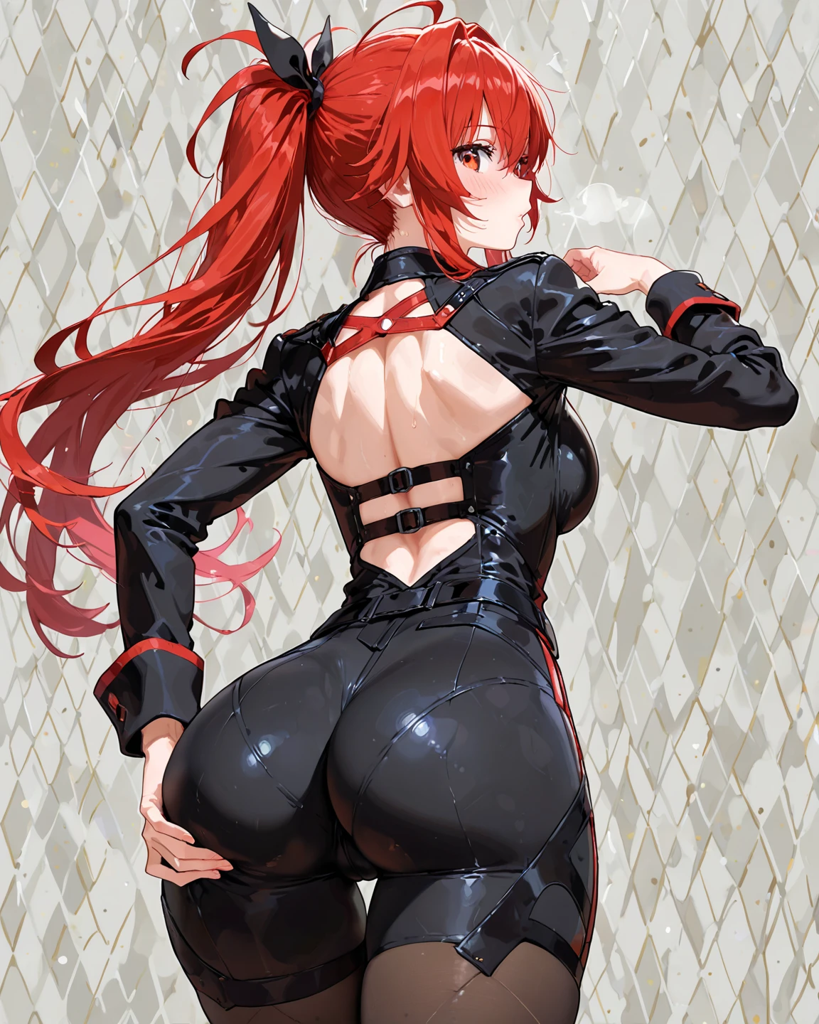 (Masterpiece:1.2, high quality), (pixiv:1.4), (1girl:1.2), (solo:1.2), Illustration, (Rias gremory), (indifferent:1.2), pale skin, crimson red hair, long wavy hair, hair clips, crystal green eyes, (detailed eyes), double eyelids, black eyeshadow, (mature), pale pink lips, crop-top, thin waist, waistline, (undressing), pulled down pants, pulling down pants, bare ass, (perfectly round ass), (pov from below), exposed pussy, (vagina), thighs, back view, looking back, seductive look, body curves, dynamic pose, intrinsic details, vivid colors, high-quality, highres:1.5), HD, 4k, 8k, aesthetic indoors, (blurry_background:1.2), sharp focus, ultra-detailed, ultra HD, complex, ray tracing, classic background, ((detailed face))