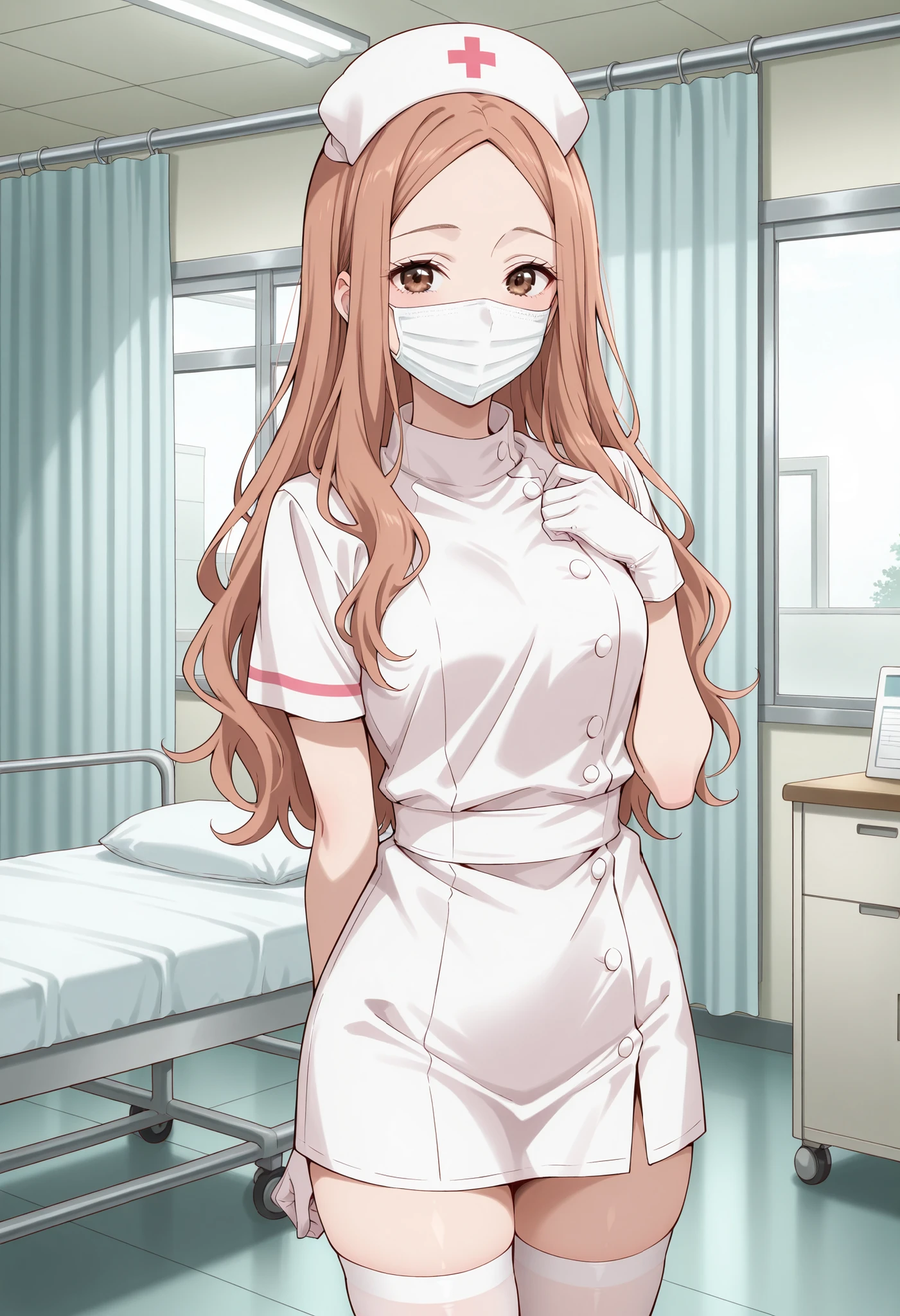 Score_9, score_8_up, score_7_up, source_anime, KJOrune, solo, peach hair, dark brown eyes, long hair, wavy hair, parted bangs, (best quality), (high quality), {masterpiece}, extremely delicate and beautiful, ultra-detailed, beautiful detailed eyes, nurse, nurse hat, ((white nurse's outfit)), white gloves, white thighhighs, hospital room, ((white mask, mouth mask, covered nose)), standing