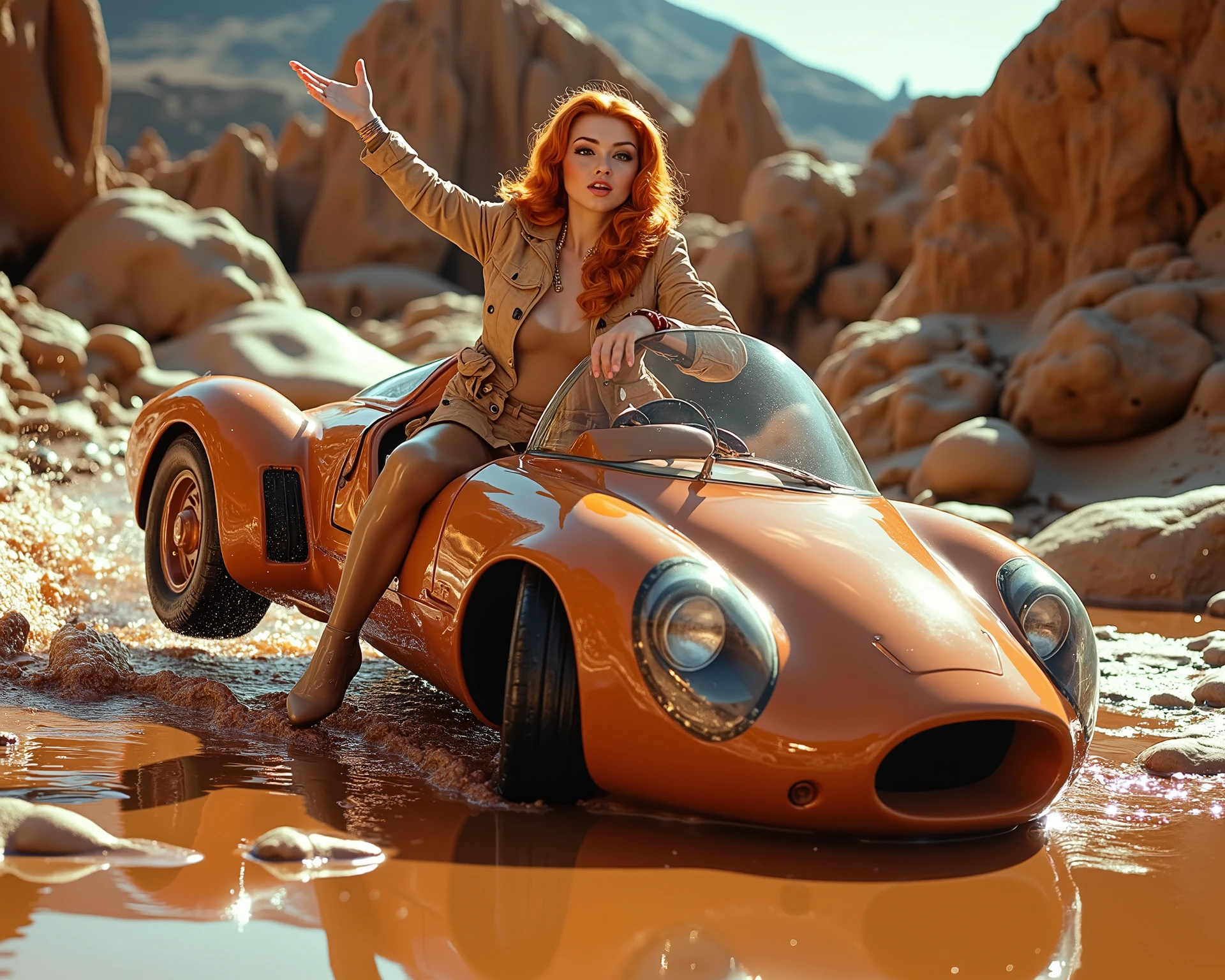 A beautiful ginger girl driving a wacky car made from candy into a chocolate puddle wearing a chocolate colored trench coat and tan GlossyPantyhose, SFW, she doesn't know she's about to drive into a trap placed by the mischievous and beautiful blonde retro50s_style Queen of Chocolate 