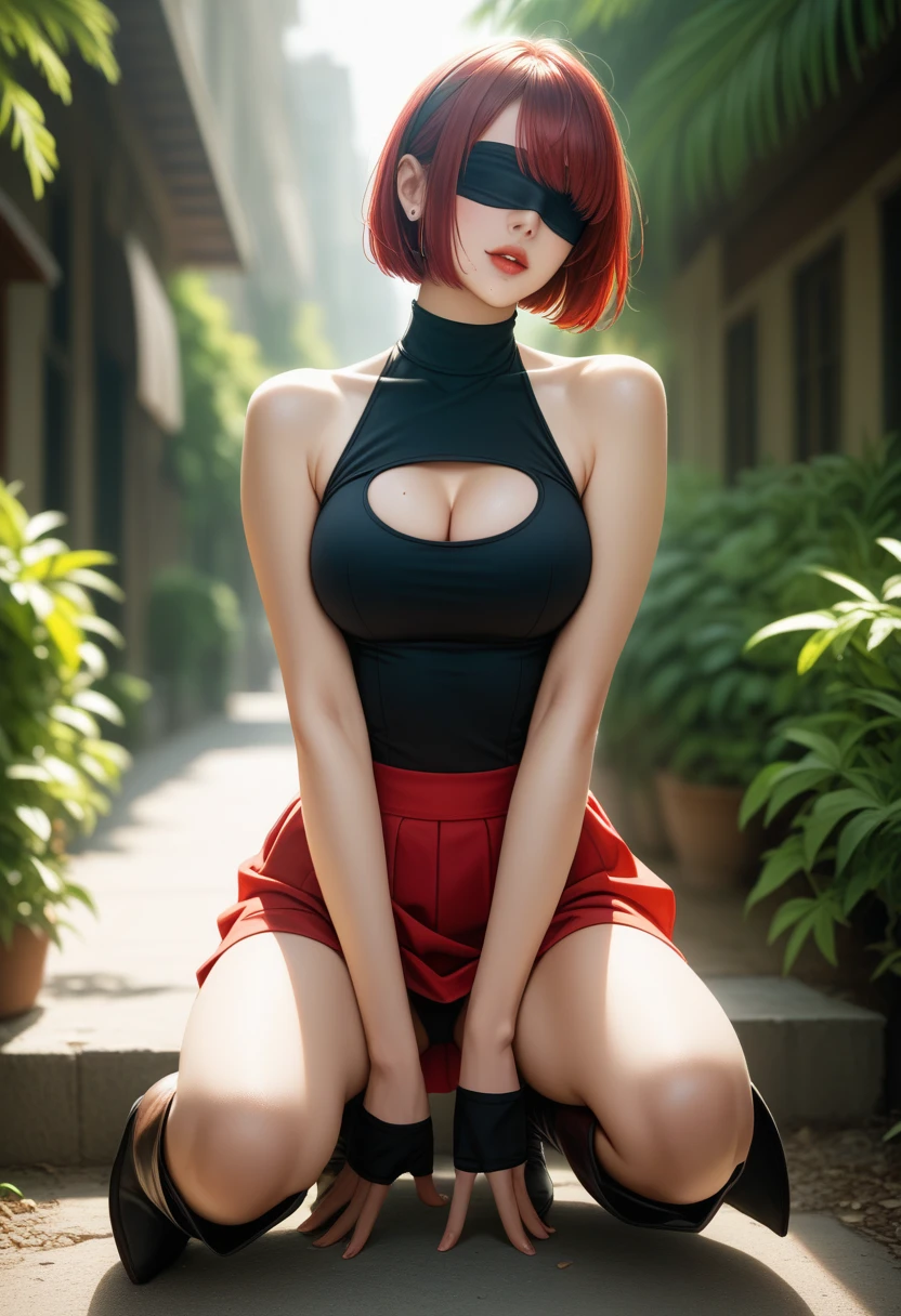 straight-on,pose,looking at viewer,solo, BREAK, 3d,
red hair, short hair, green eyes, breasts, makeup, lipstick, red lips, large breasts, narrow waist, curvy, bob cut, lips,
choker, jewelry, necklace, black choker, midriff, blue shirt, crop top, long sleeves, navel, black_pants, jeans, denim, wristband,
BREAK, official art, highres, scenery, (masterpiece:1.1), (best quality,:1.1), (high quality:1.1), (anime screencap:1.2),