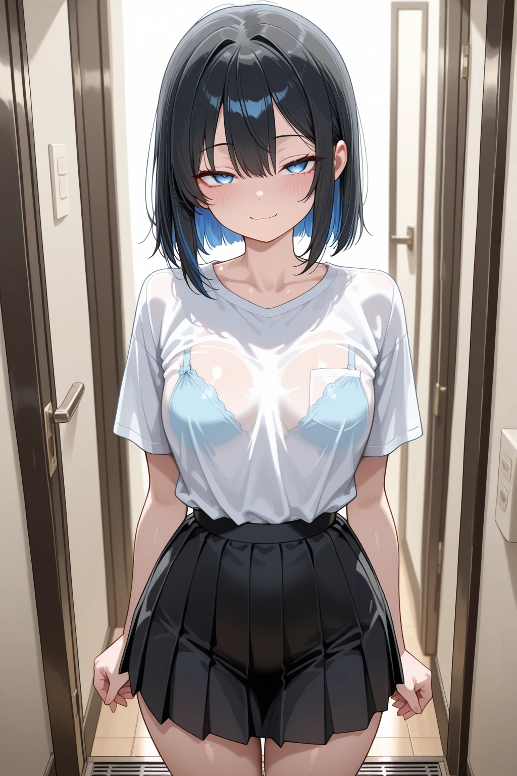 anime style, 8k, super detail, best quality, high details, beautiful ilust, slender girl, girl is seen by many people, crying, shy face, streaming tears, blue short hair, blue eye, black short skirt, vagina without cover, opened legs, pink nipples, nipples without cover, open legs, smoll chest measurement