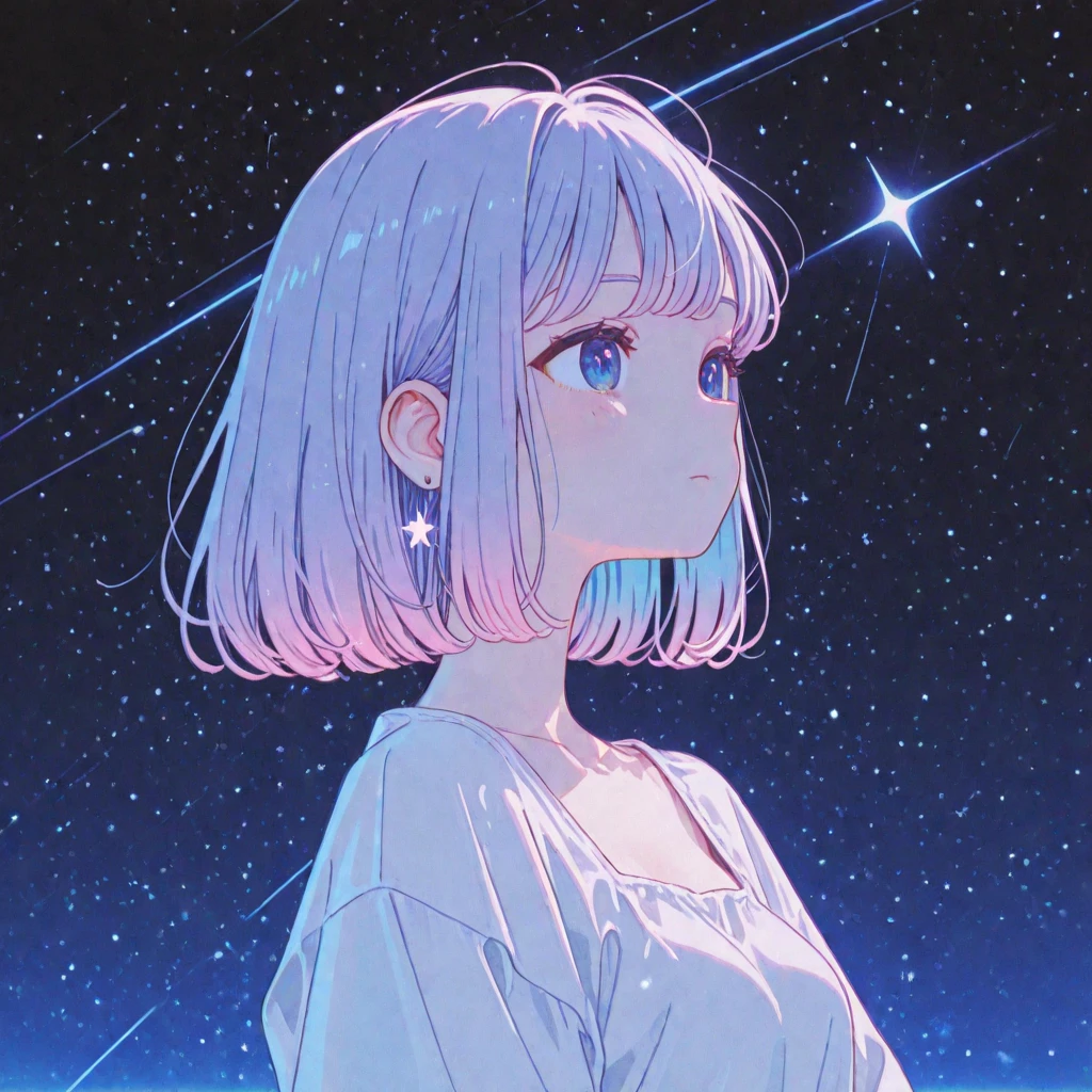 Uma menina em um campo de flores, vista de baixo para cima, cosmic view, galaxias, cometas, lua cheia, cena de anime, estilo anime,
