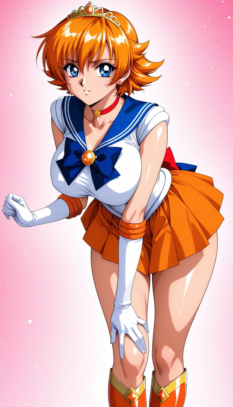 Tanya Degurechaff, makeup, pink eyeshadow, red lipstick, yellow hair, Sailor Mercury hair, ponytail, short hair, mini skirt, beautiful, (masterpiece:1.2), (best quality:1.2), perfect eyes, perfect face, perfect lighting, 1girl, cropped legs, curvy, Sailor Mercury outfit, exposed midriff, white croptop, Chest bow, Tiara, long gloves, White Thighhighs, choker, hand on hip, huge breasts, smile, solo, thick thighs, Point of view from below, Can be seen under mini skirt, Exposed panties, showing panties and super tight thong