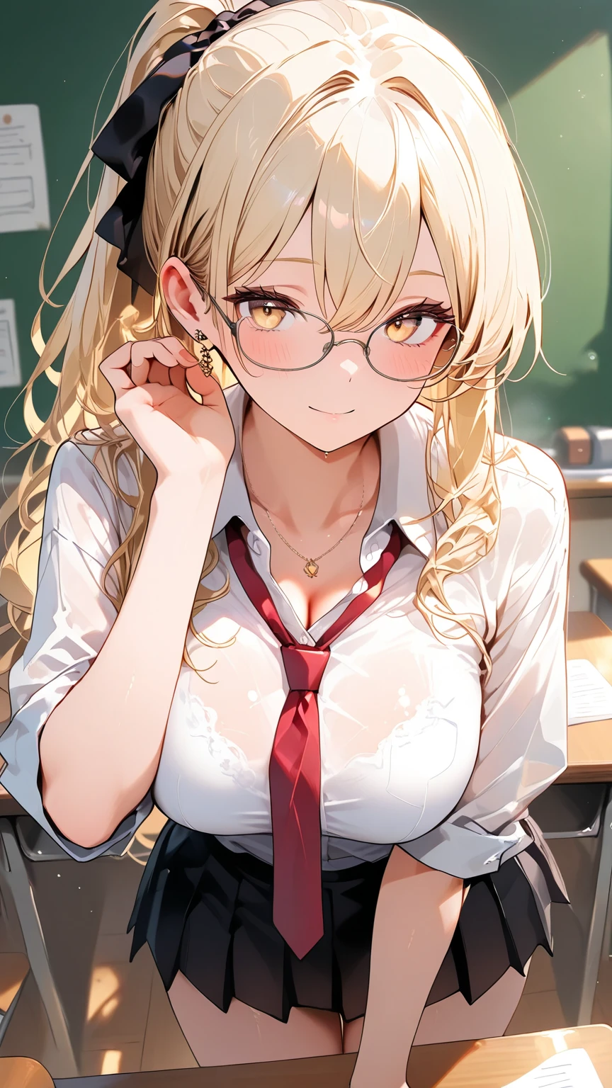 Cute young teacher standing at the blackboard, in a mini dress and blouse, leaning forward, bare thighs, popular teacher, high quality, 8 k, warm, unbuttoned, glasses, Renatadaninsky