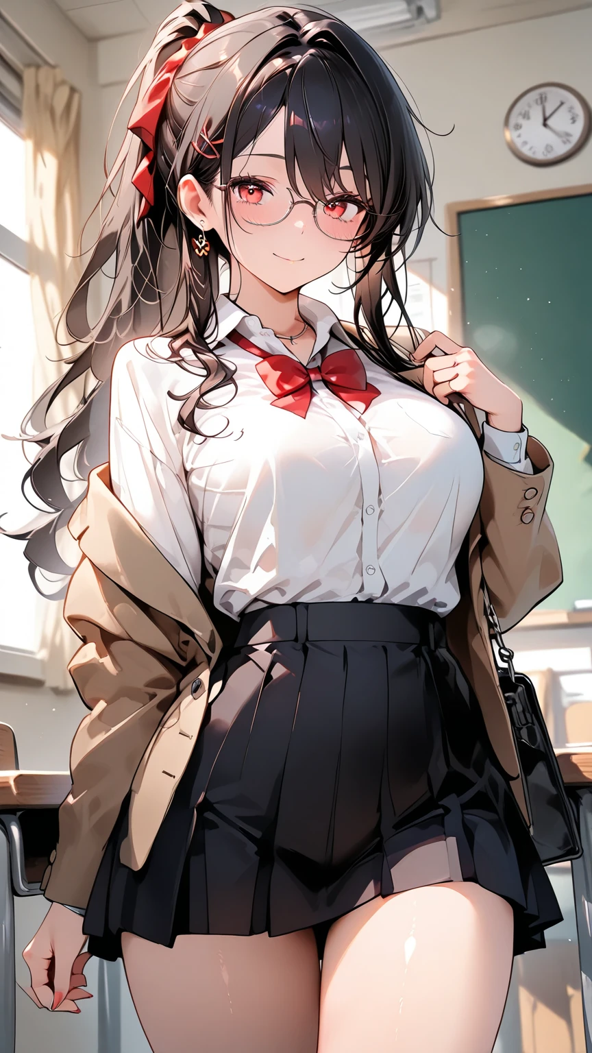 (8K、Top image quality、top-quality、masterpiece)、A detailed face、1 girl in、Medium hair、Light brown、((Two-side-up))、brown-eyed、Opens mouth and laughs、large full breasts、(Open chest)、((White shirt))、long-sleeve、cleavage、(Black tube top)、((A pink cardigan that is worn out))、((Black Mini Pleated Skirt))、(Big ass)、thighs、cowboy shot、Classroom Background