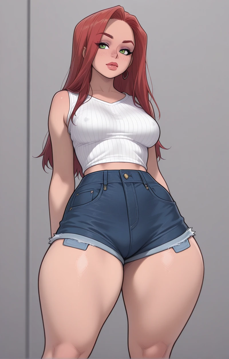 Kousaka honoka, blue eyes, short denim short, football tank top,(midriff:0.7), looking at viewer,(big breasts:0.8), solo, standing, (pov from below:0.768), sweating, solo,(cowboy shot) , thicc thighs, curvy body, llchar, hentai style