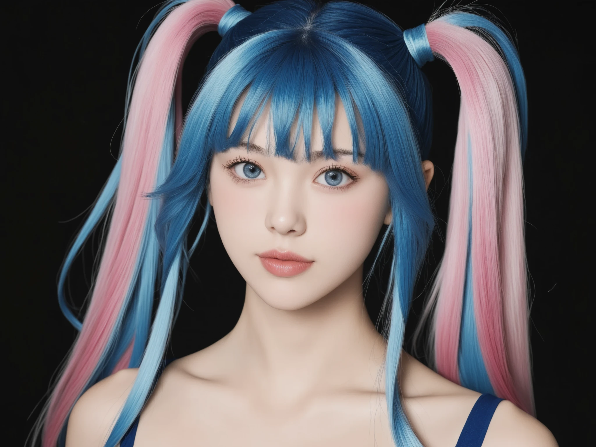 Best quality, masterpiece, super high resolution, multicolored hair, long hair, two moles under the eyes, gradient eyes, eyeballs, smile, evil, off-the-shoulder, character setting, close-up, surrealism, UHD, award-winning, , colourful hair,  ((blunt bangs)), blue eyes, really beautiful face, super beautiful face