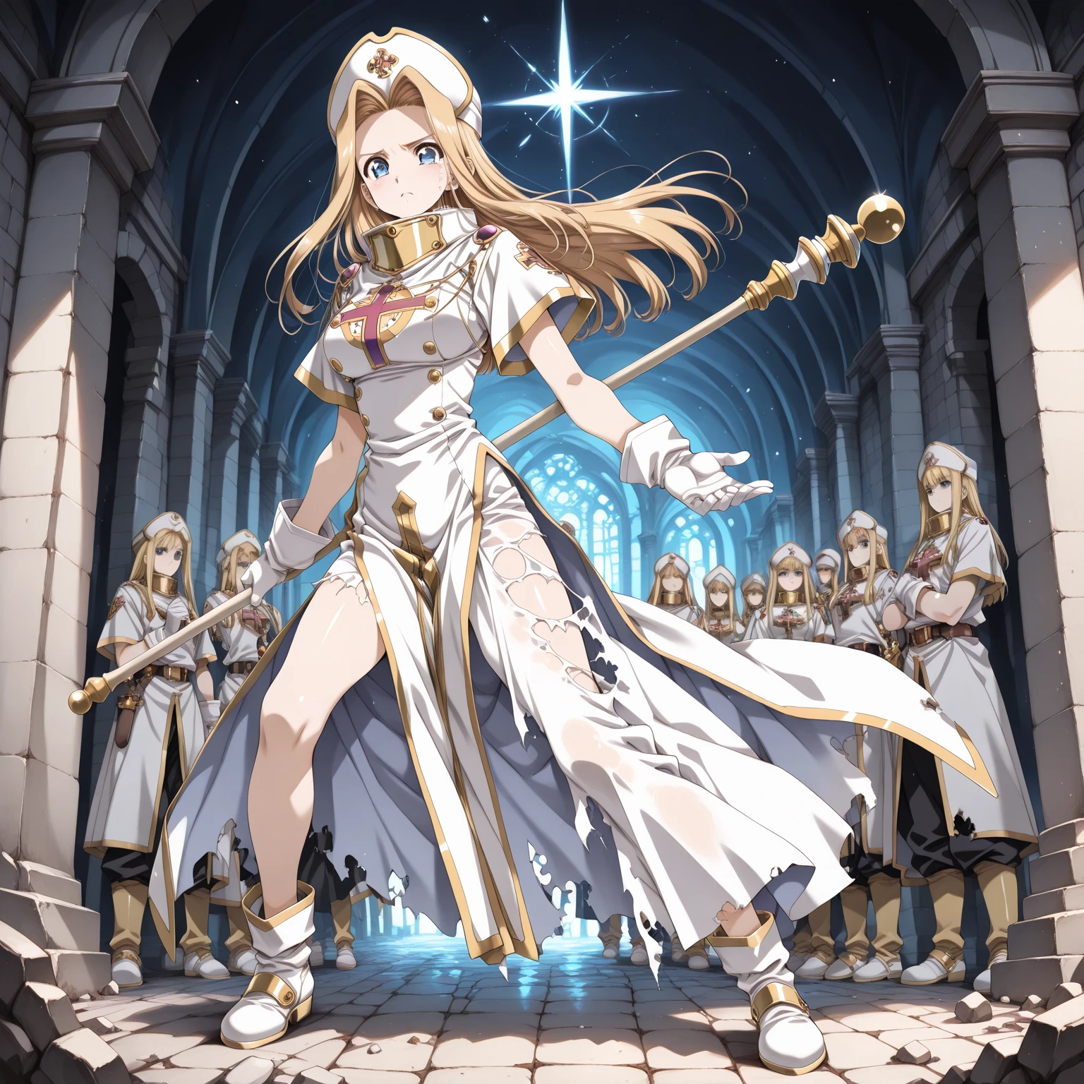 masterpiece, highest quality, High resolution, Extremely detailed CG, Absurd, whole body, One Girl, alone, a girl in armor and a Crown holding a large sword, white armor, Golden decoration, red_Costumes, Off the shoulder, Knee socks, Long Hair, ponytail, blonde, leg armor, Cleavage, Crown, gloves, armor, white gloves, High heels, Off the shoulder armor, >:)