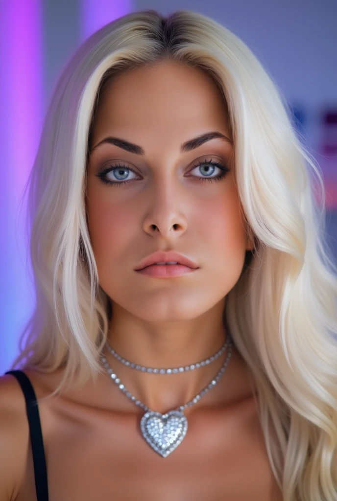Close up head shot,(best quality,4k,Alto:1.2),ultra-detalhado,Realistic, photo, professional, studio lighting, vivid colors, sharp focus, Physically-based rendering,HDR, extremely detailed eyes and face, beautiful detailed lips, long eyelashes,(exposed cleavage shiny luxury silver satin shirt:1.3),pokie nipples, Actriz Melanie Laurent, woman 30 years, blonde hair, Curvy, Looking at the Viewer,