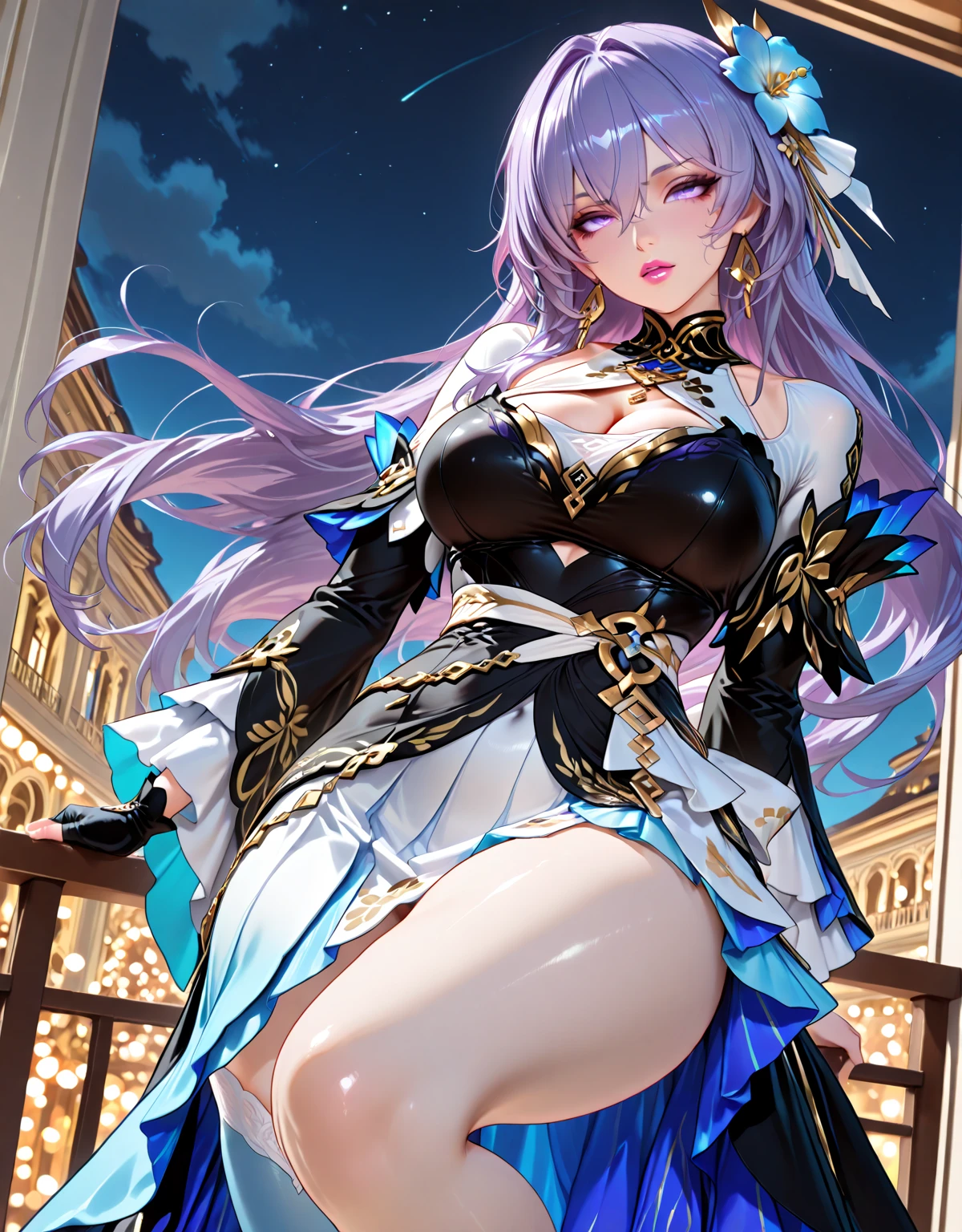 Best quality, ultra-high resolution, (photo realism: 1.4), 1 girl, looking at the audience, kawaii, short jacket, Cyberpunk, full body, bodysuit, city scenery, ponytail, ridiculous hair, ultra-high resolution, long white hair, pity, surreal 8k cg, perfect face, perfect, clean, masterpiece, professional art, famous art, film lighting, cinematic bloom, perfect face, Beautiful face, beautiful eyes, (perfect female body, narrow waist), gorgeous queen, royal family, holy, goddess, holy, (palace), fantasy, fantasy, unrealistic, science fiction, bangs, beautiful clothes, natural science foundation, (white hair: 1.5), absurd long hair, very long hair, (rich: 1.4), prestige, luxury, jewelry, diamond, gold, pearl, gem, sapphire, ruby, Emerald, complex details, exquisite patterns, sexy, charming, sexy, enchanting, hair accessories, necklaces, earrings, bracelets, cuff connections, pure, ulzzang-6500-v1.1
