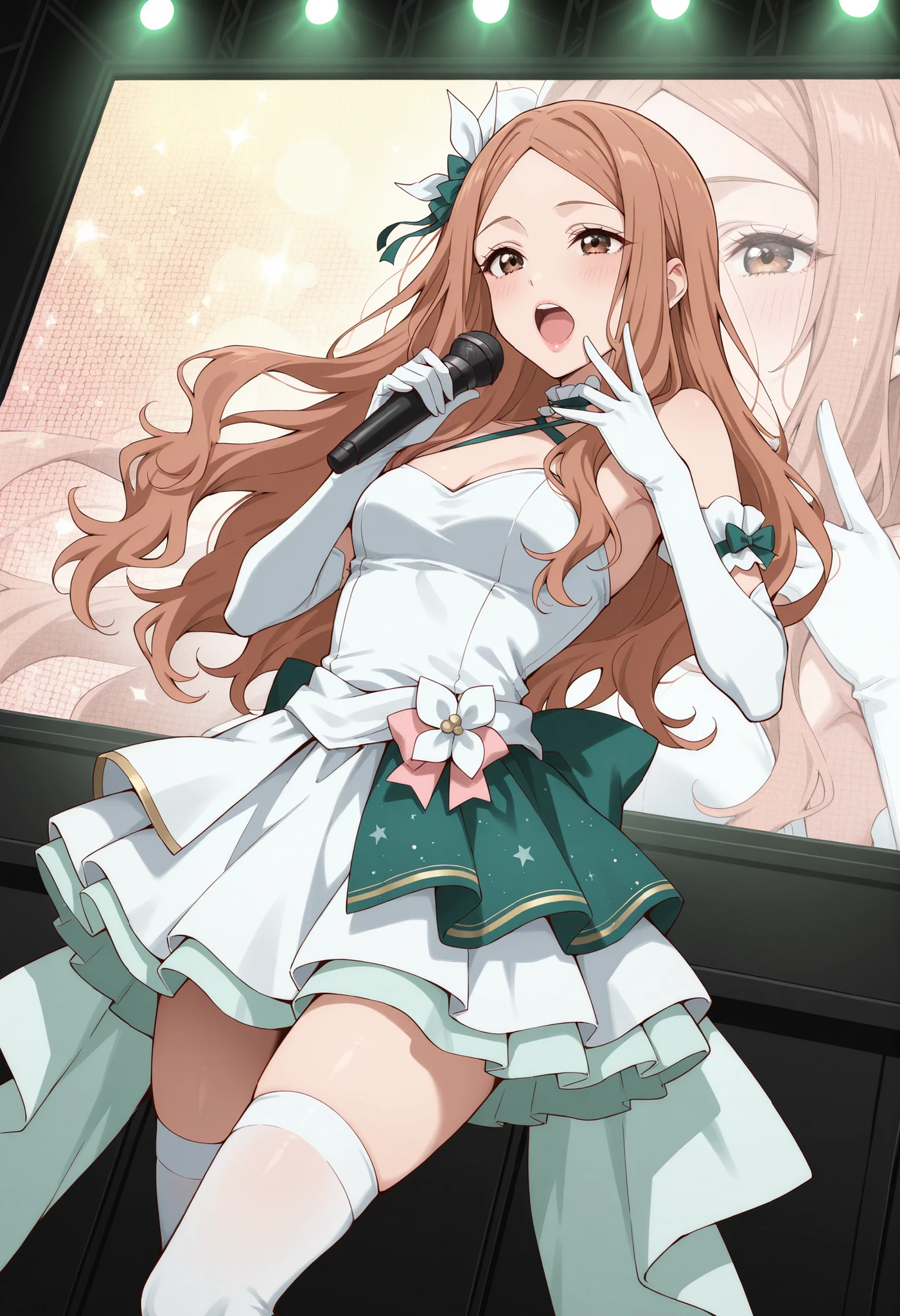 Score_9, score_8_up, score_7_up, source_anime, KJOrune, solo, peach hair, dark brown eyes, long hair, wavy hair, parted bangs, (best quality), (high quality), {masterpiece}, extremely delicate and beautiful, ultra-detailed, beautiful detailed eyes, idol, idol costume, green and white dress, white elbow gloves, white thighhighs, holding microphone, on stage, screen, multi colored light, dynamic pose, singing, pink lips, open mouth