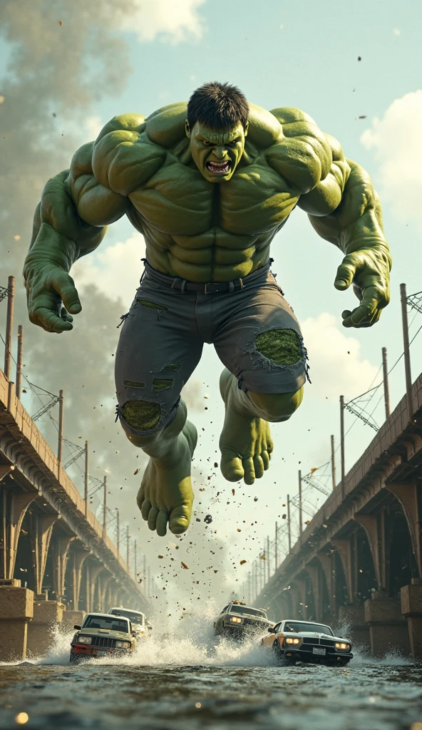 hulk jump, fighting pose, side view, view from side