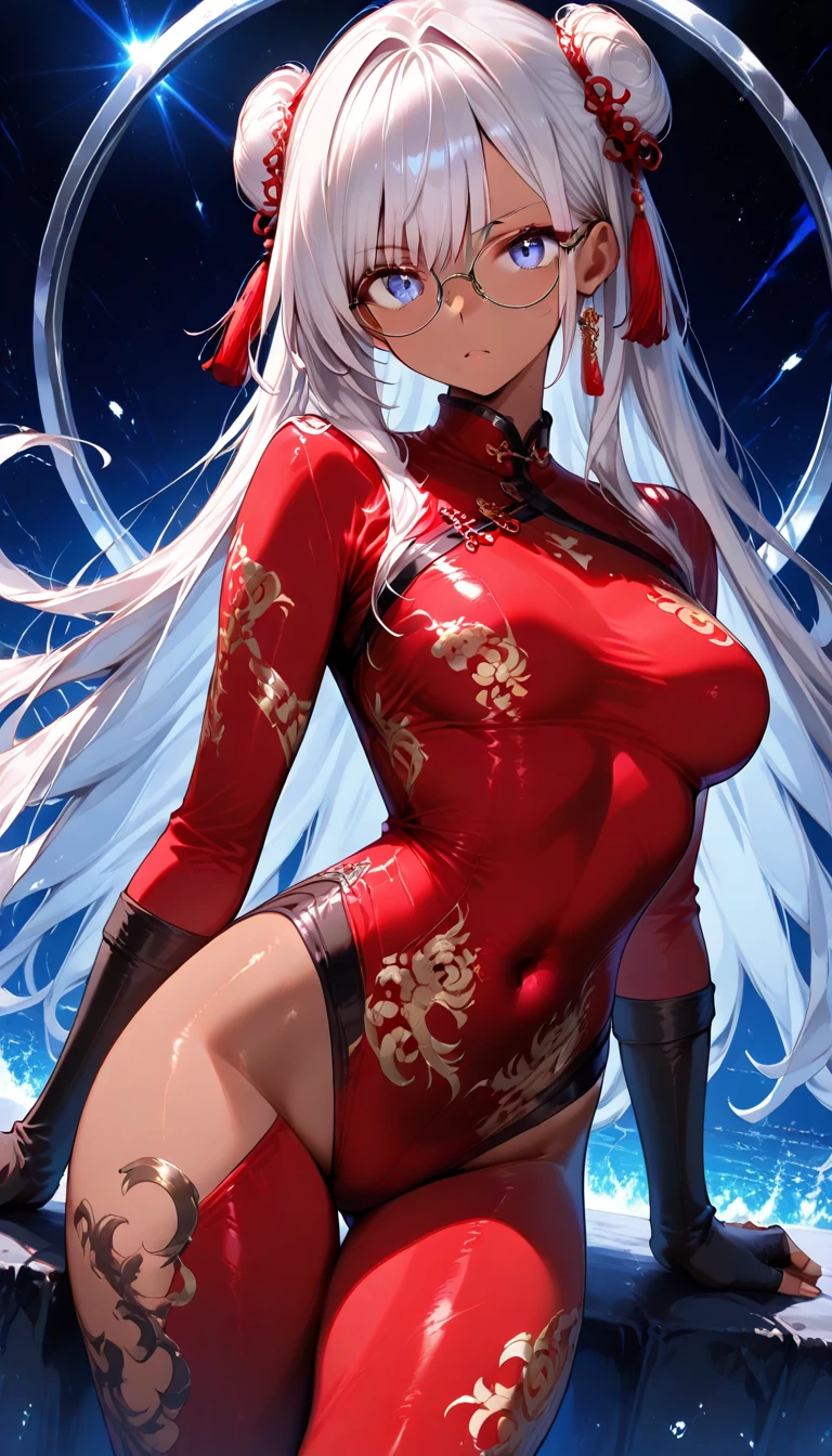 Silver long hair、Red eyes、woman、美しいwoman、Large Breasts、sword、A revealing red and white Chinese dress、A Chinese dress that shows off her cleavage、chinese style background、indoor、masturbation、On the bed、orgasm、Ahegao