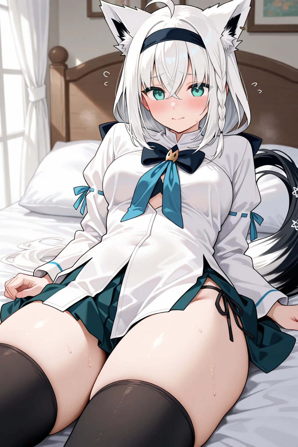 {{{masterpiece}}}, {{{best quality}}}, {{ultra-detailed}}, {illustration}, {{an extremely delicate and beautiful}}, 8k, NSFW, Kanade Tachibana(Angel Beats!), cute face, silver hair, straight long hair, half up, yellow eyes, tareme, medium breasts, , yellow string ribbon, ivory jacket, long sleeve, black skirt, miniskirt, pleated skirt, BREAK, NSFW, anime girl nude and in bed spreading her pussy lips wide, 1girl, solo, (spread pussy wide:1.1),(pussy focus:1.3), (bare pussy:1.3), (Vaginal hole:1.1),(urethra:1.1),(kuppa:1.1), open vagina, spread vagina by both hands, crotch grab, nail, looking at viewer, spread legs, {{open vagina, spread pussy, pussy, clitoris glans, urethra, vaginal opening, labia minora, uterus, smooth pussy}}, taking off clothes, open clothes, Open shirt, open jacket, breasts, nipples, lift up skirt, blush,open mouth,embarrassed,naughty expression, raise your legs, M-shaped spread your legs, on the bed, uncensored