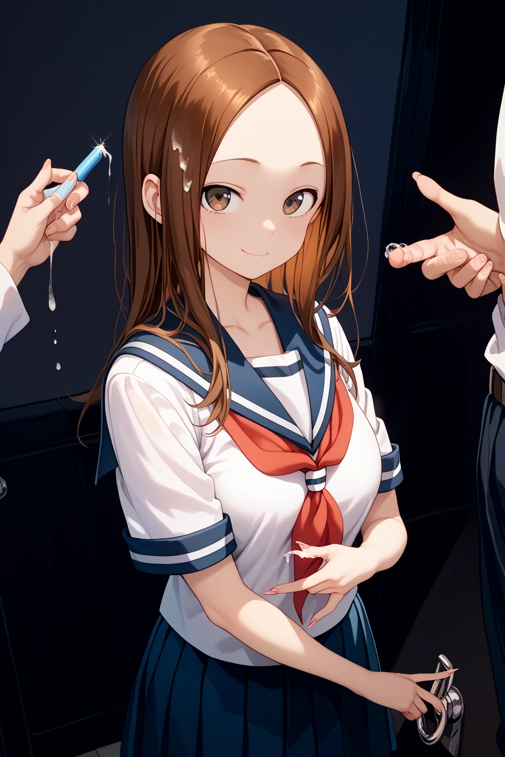masterpiece,best quality,highres,illustration,hyper detailed,8k cg wallpaper,ray tracing,((brown hair:1.2)),((long hair:1.3)),((purple eyes:1.2)),((straight hair:1.3)),medium breasts,(hiten1:0.8),<lora:add_detail:1>,1girl,((glory hole:1.2)),fellatio,((penis:1.2)),1boy,<lora:GloryHolev2 1024-000048:1>,sailor collar,white shirt,pleated skirt,((sitting:1.1)),((deepthroat:1.2)),