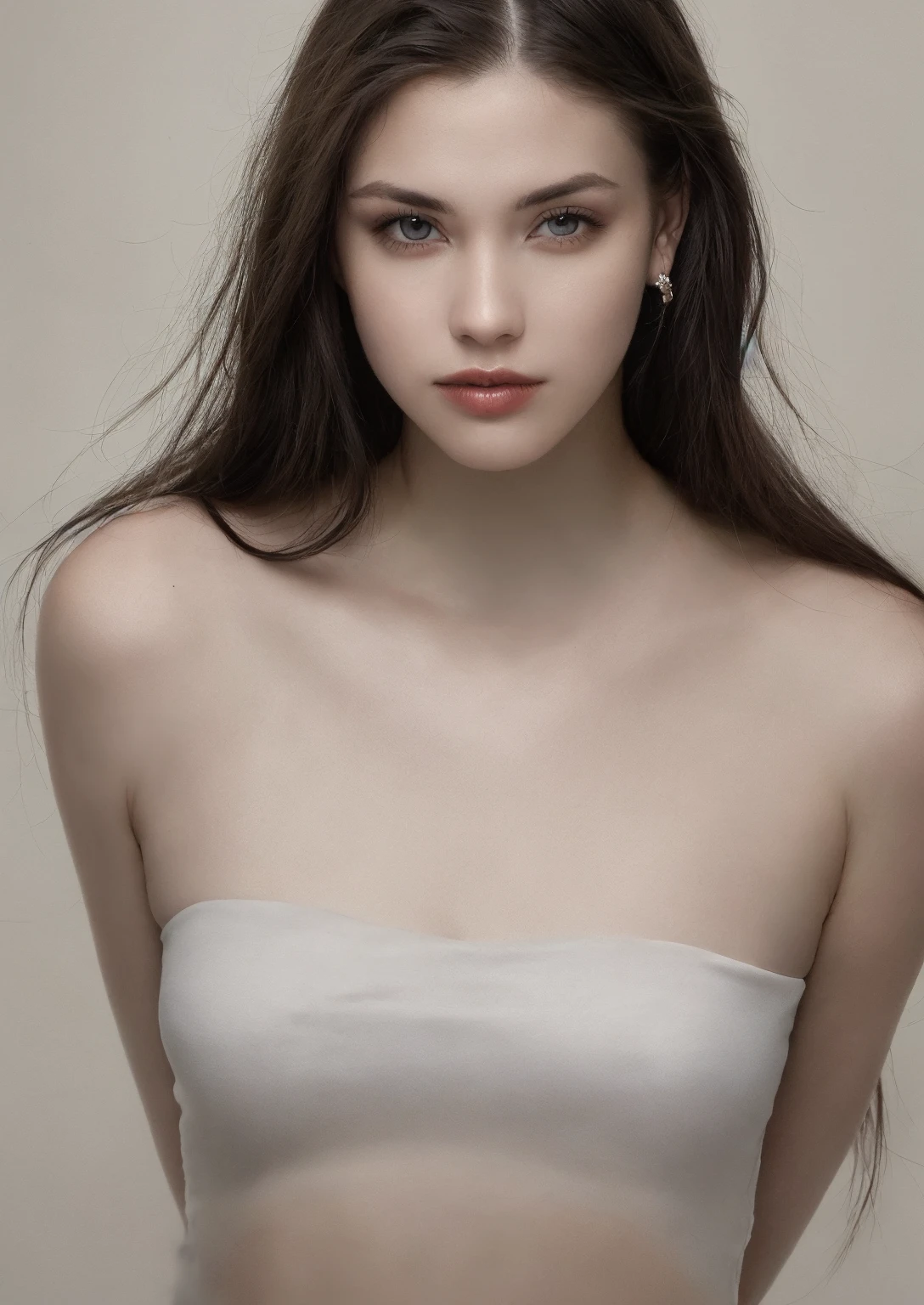 Portrait of a woman, European, attractive face, oval face, seductive eyes, slightly sad expression, long straight hair, frontal, gently arched eyebrows, pale skin