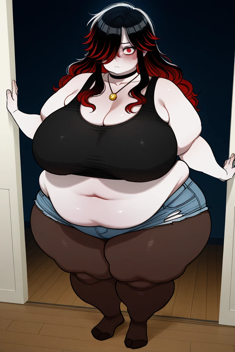 Masterpiece, perfect face, perfect teeth, nostril piercing, black lipstick, perfect hands, Sunkissed skin all over, Thicc, black fingernails and toenails, extremely morbidly obese, black and red hair, ((wearing)), red and black top, grey sweat pants, detailed feet, voluptuous, smile, (anatomically correct), (Perfect/ realistic proportions:1.2), (overwhelmingly fat arms), ((extremely widest hips possible!)), ((extremely massive thick thighs, morbidly large belly), belly overhang!)), (1080P, 4k UHD, Masterpiece:2.1!) ((single)), background: brick