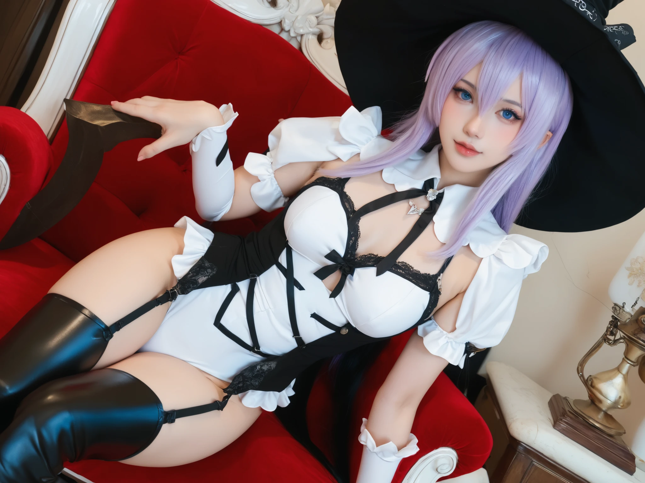 nagomis1_cnr, 1girl, light purple hair, hair between eyes, blue eyes, small breasts, witch hat, red dress, white dress, two-tone dress,white leotard, puffy sleeves, garter straps, black thighhighs, thigh boots, ela está de pé olhando de forma meiga, ela está de pé com as mãos na cintura