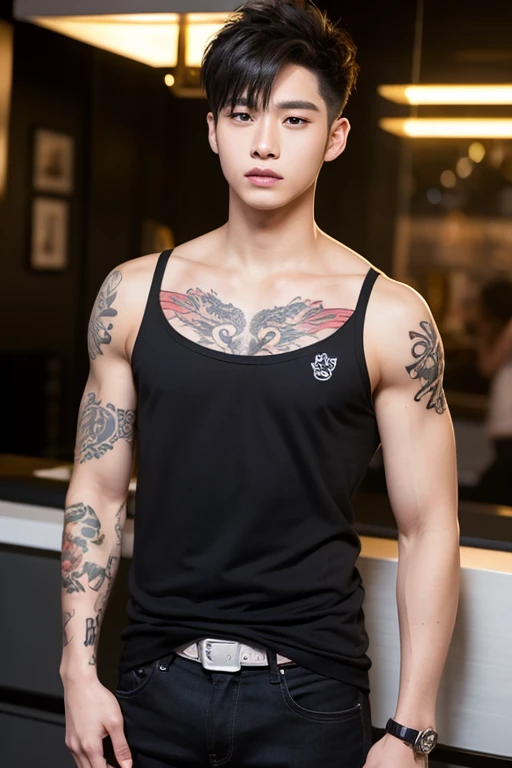 ((masterpiece)),((bestquality)),8k,high detailed,ultra-detailed,photography,award winning,documentary,Original Photo,Realisticity,(indoors background:1.35),1boy,solo male,slim Asian boy,male focus,solo,handsome face,real skin texture,well-proportioned hands,think eyebrow,medium full shot,(different face features:1.45),([Courtroom lighting|Soft lighting|outer space view|Motif lighting]),portrait,[looking up|hug from behind|holding wand|hands on hips|public indecency|Flexing],<lora:add_detail:0.95>,<lora:muscle_slider_v1:-0.35>,<lora:weight_slider_v2:-0.35>,Happy Valentine,Open Mouth,Athletic vest,Work pants,Tribal tattoo,Warrior tattoo,Fringe Haircut,Stubble,