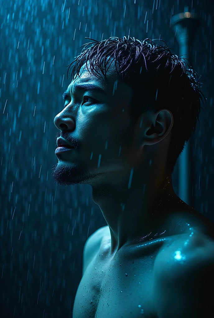 a close up of a Taiwanese man in a shower, asian male, under a shower, wet hairy bodies, water dripping off him, twink, damien tran, prefect body, beautiful handsome body, full body shot close up, sexy masculine, clean shaved, hairy body, smooth waxy skin, wet body, full body close-up shot