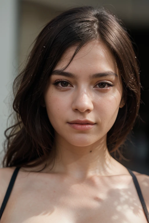 la photographie of a stunning garota, at the mountain, wearing a black top, Enjoying, 28 ans, summer, fille chaude, (((medium bust))), brunette hairs, Long_hairs, regarde la caméra, symmetrical face, photorealistic, la photographie, spectacular lighting,, magnificent, cleavage, western, (head of'artwork), best quality, high resolution, extremely detailed, skin with pores, blurred background, depth of ﬁeld, Cinematic lighting