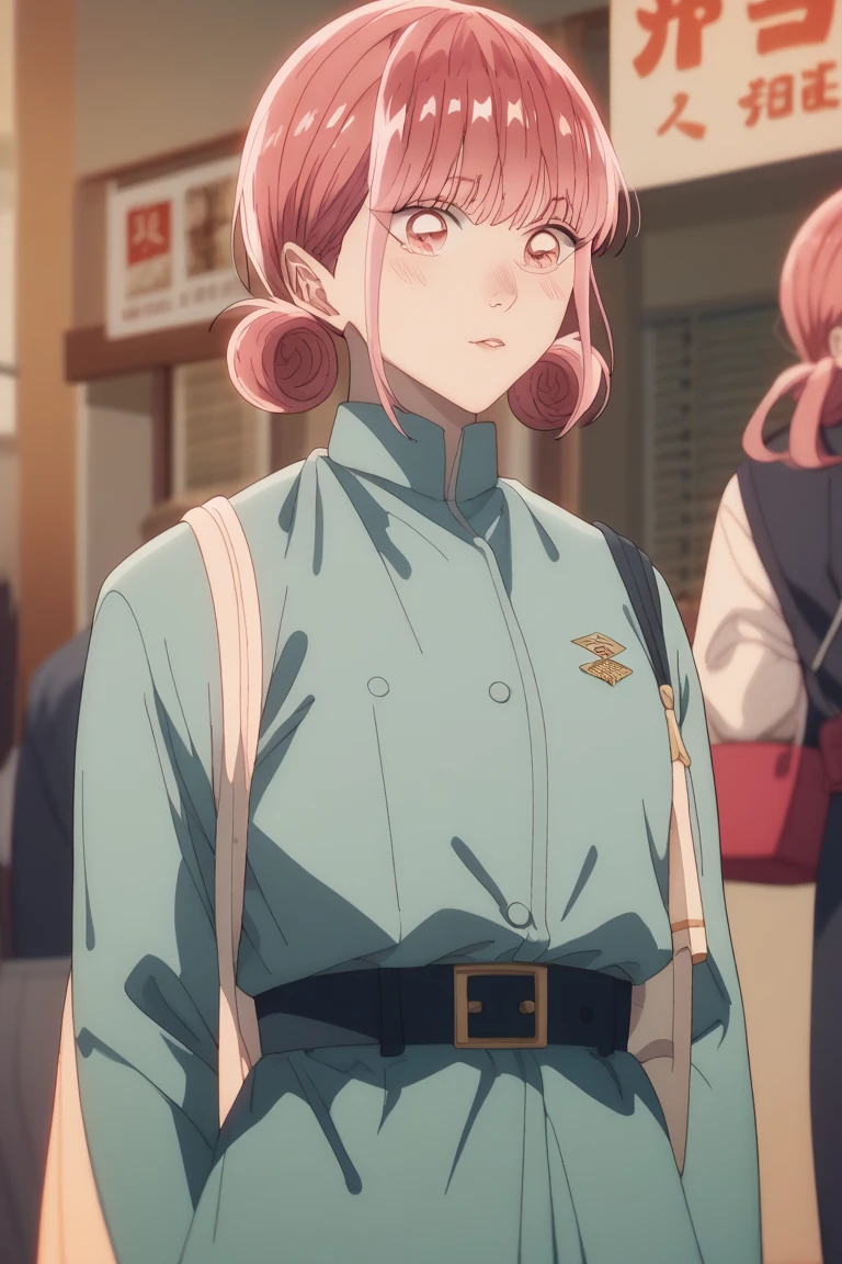 score_9, score_8_up, score_7_up,(anime screencap:1.0),  MacyBaljure, 1girl, solo, coat, belt, looking at viewer, fur trim, turtleneck, long sleeves,cowboy shot,from behind,huge , blush,<lora:macybaljure:0.8>