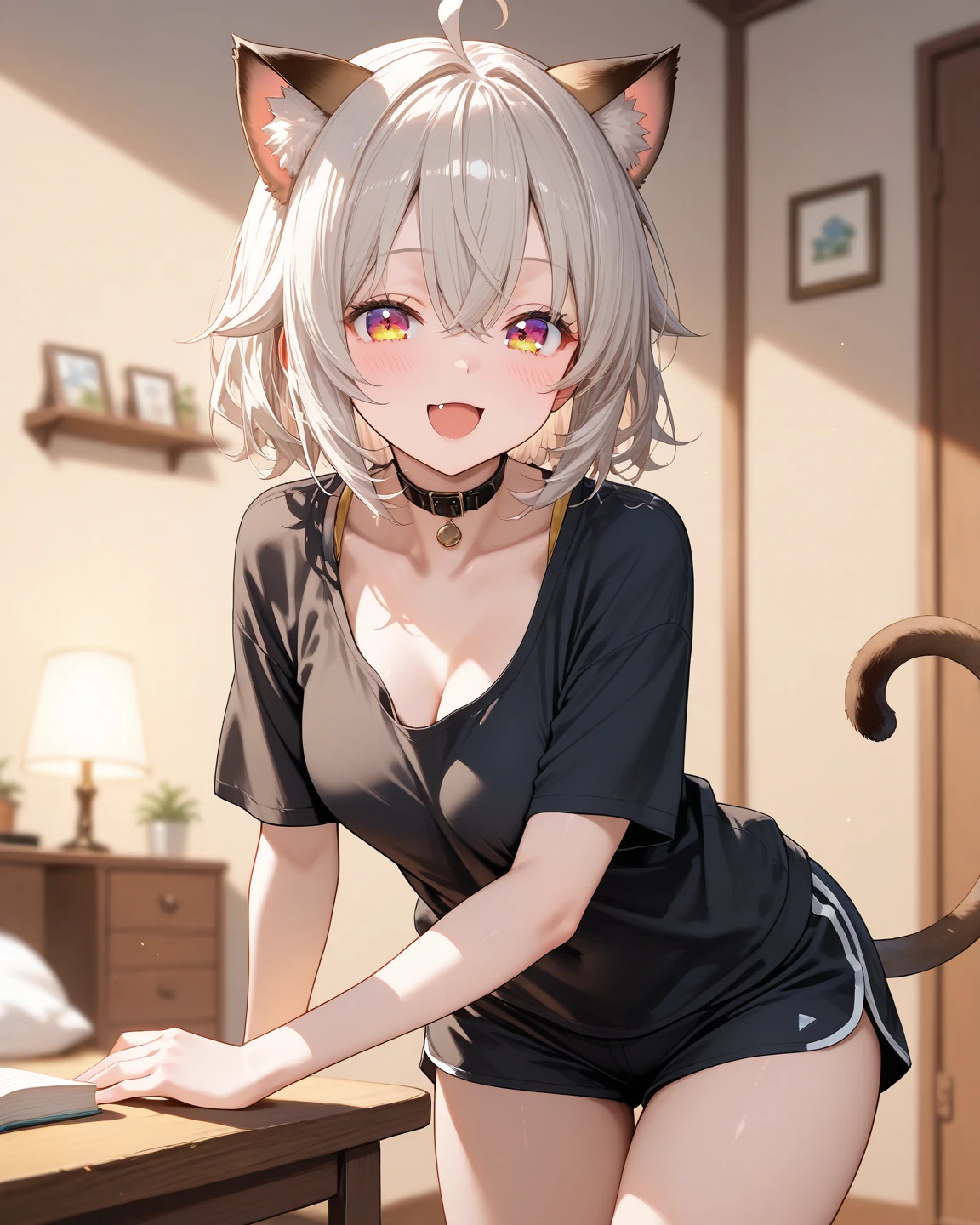 photore，best qualtiy，tmasterpiece，Kizi，White hair，short detailed hair，cat ear，tilts your head，is shy，adolable，Flush，Loose clothes，Natural stay，Lori huge breasts cleavage，astonishment，exquisite face，multiple persons，having fun，Cat tail，Crush on me，I don't like her，My tablemate，Short stature，Small chest，in her room，Lori kneels，His face was flushed，Lie on me，Touch her head，She enjoyed it，swim wears，taking a shower