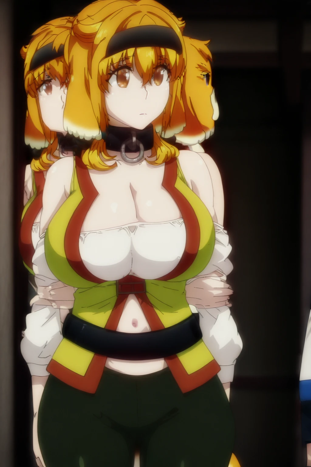 (Roxanne Demin kin 1girl, solo, breasts, large breasts, navel, animal ears, cleavage, tail, hairband, pants, orange hair, collar, dog ears, dog tail, dog girl, black collar, green pants, floppy ears, leather slave collar choker, bracers) (Roxanne | Slave Harem in the Labyrinth of the Other World)