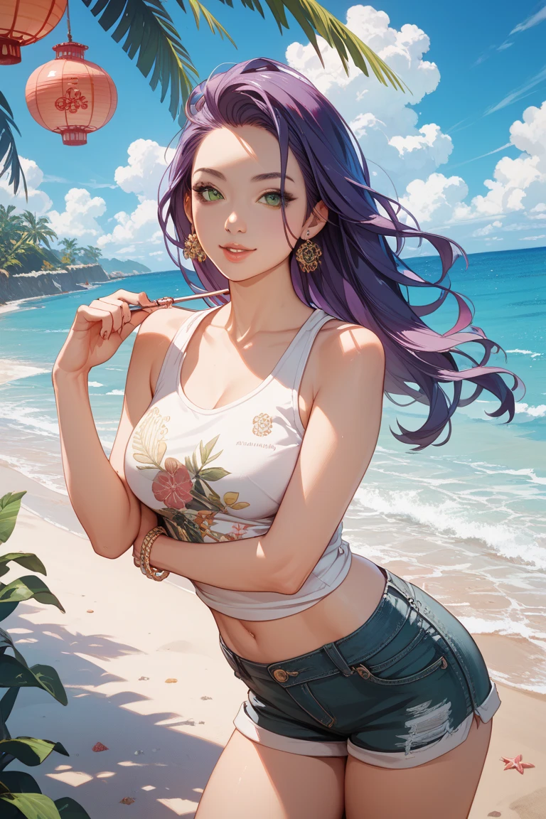 one arafed woman with purple hair and green eyes, japanese tattoo sleeve on her right arm, wet t-shirt, sfw, paridise island