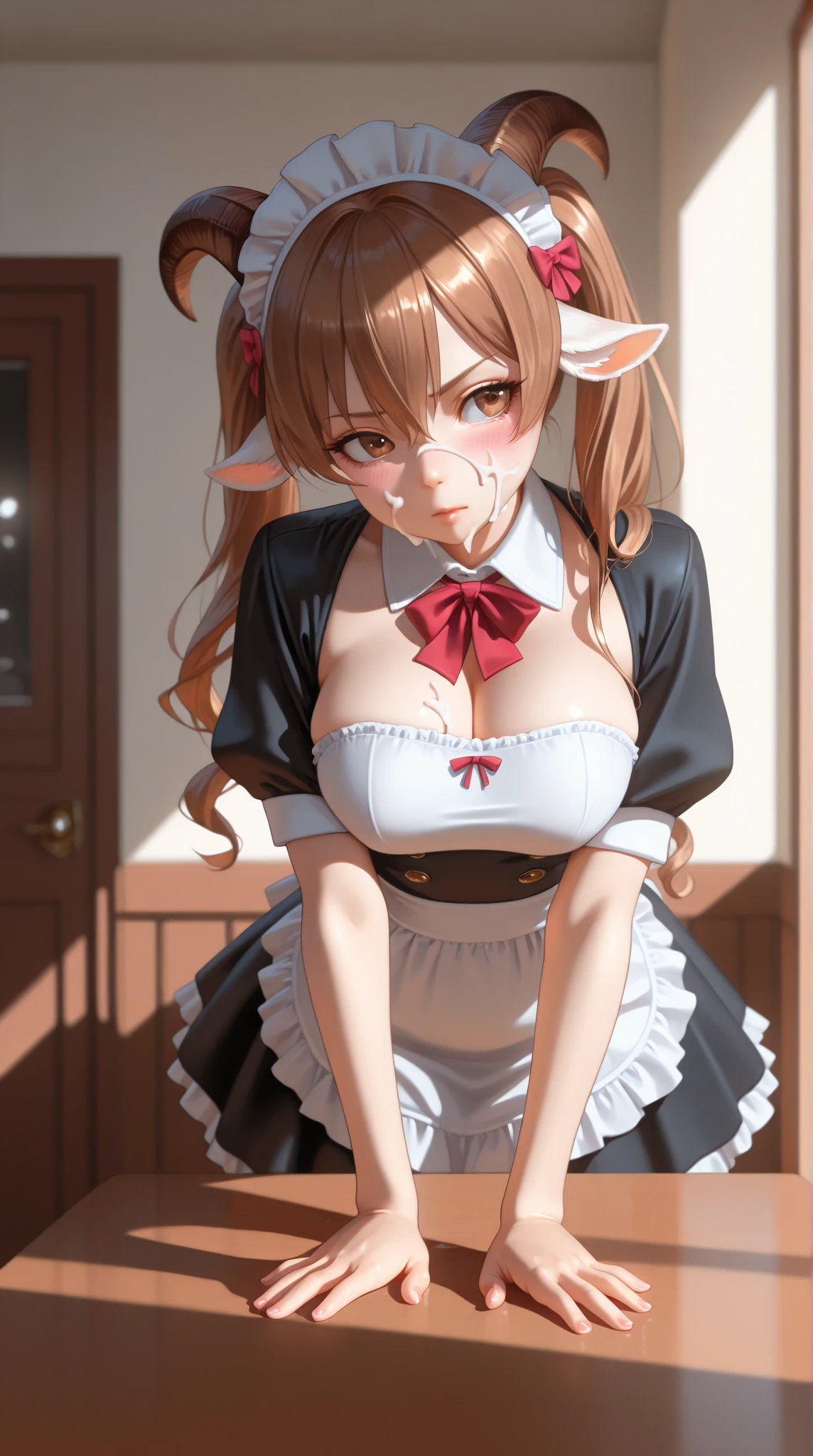 masterpiece, absurdres, 1girl, solo,mature female, ((topless:1.2)), spaghetti strap top,open shirt,high waist short skirt, looking at viewer, (falling petals), perfect composition, detailed lips, (big breast, huge breast:1.3 ), beautiful face, body propotion, soft gaze, super realistic, detailed, photoshoot, realistic face and body, (nsfw:1.3), (wet cum:1.2),( close shot, half body shot),armpit, (plump),(isuzu sento), ahoge, (brown eyes:1.5), light brown hair, long hair, ponytail, hair ribbon, ribbon