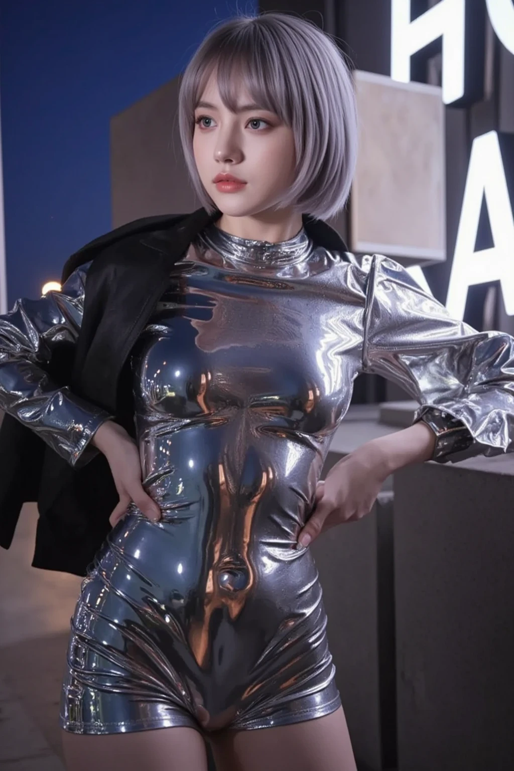 Masterpiece,NSFW,((Whole body:1.1))))), (Realistic),photore, Best quality, 1 female,(Tall)),ear cover,(((Rei Ayanami, Plug set 00)))), ((((Red eyes,Beautiful face, Beautiful eyes))), (Cute face)), Moist eyes, face,Detal Face, Detail lips, Detail eyes, (Long eyelashes), Double eyelids, (Seductive smile), ( (Gentle eyes, Fleeting expressions)),(The rubber set has a strong metallic luster and a smooth surface), (((((Sexy skinny metallic gloss rubber set)))), (Thick black line)))), From the bottom, (Upright), (Carmine), (Smooth body lines)), Light short hair, (((Pale thin eyebrows)), Beautiful hair, (Large round chest), The small logo pattern on the chest is zero, Mecha suit, Elongated waist, White skin, (Turning Pose), ((Night sky, Spaceship)), (Face and eye details: 1.1), feeling of solitude, Blush, (Shy)), Very delicate and beautiful girl, The small logo pattern on the chest is zero, standing, (((Leg closed position)), (TO8 contrast style), Small egg-shaped psychosensory devices on the sides of the head
