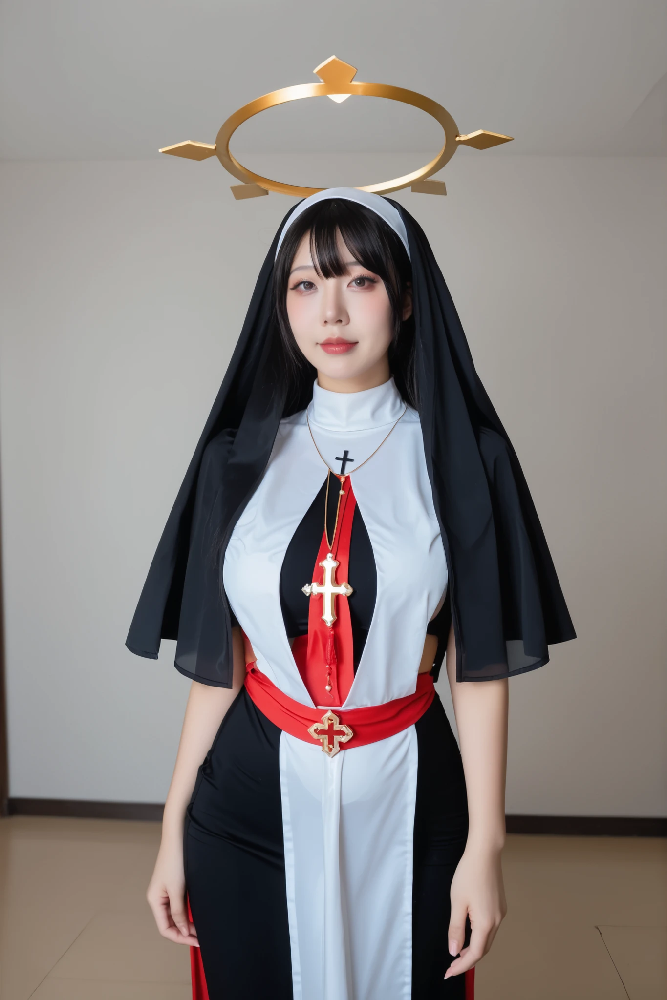 cosplayer, An Asian woman ,uma garota,pelvic curtain,roupas reveladoras,decote,(azur lane,gurami \(zangizarang\),relentless \(azur lane\):0.8),looking at the viewer,white chifres,cowboy shot,black shezfe,ombros nus,cabelo loiro,shezfe,seios enormes,leve sorriso,(halo brilhante:1.25),only,habit,coxas altas,veil,fake chifres,very cabelo longo,high resolution,white coxas altas,hair between the eyes,olhos vermelhos,cabelo longo,chifres,standing,Nun,corpo magro,pele magra,transparente,transparente clothes, navel,umbigo coberto, recorte de peito,
(Realista,fotoRealista:1.2),(obra-prima,melhor qualidade,mangas,high resolution,absurdos:1),foto, cosplay foto,foto \(average\),vida real, vida real insert, local do mundo real, foto background,
pele real,textura da pele,detailed facial features, sardas,Ance,verruga,body sardas,Ance on body,Ance on breasts,