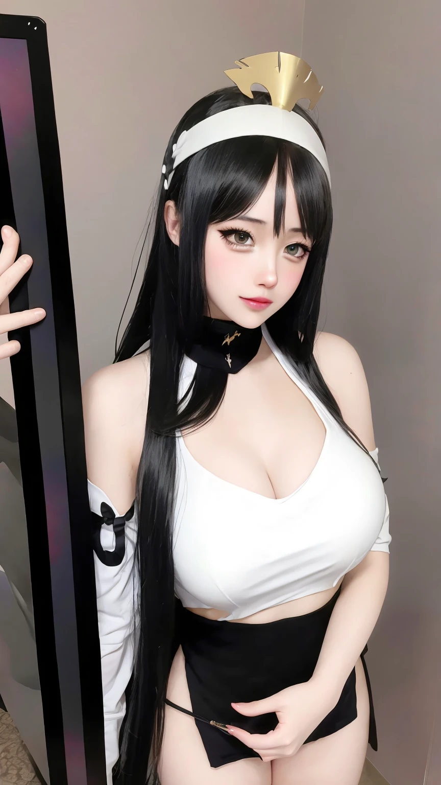 Black and white two-tone hair, long hair, Off-the-shoulder dresses, Pencil skirt, 17-year-old female,masterpiece,high quality, light skin, Brightly shining hair, (skinny:1.2), masterpiece, cute girl, Distinct image, full bangs, cute,skinny stomach,(:1.3),narrow waist,looking for viewer,dark double eyelids, Aegyo-sal under dark eyes,seductive smile,skin tight,nipples,kpop idols, aegyo sal, seductive smile,hair ribbon decoration,wide pelvis,Top slightly lowered,A little bit of cleavage is visible,[midriff]