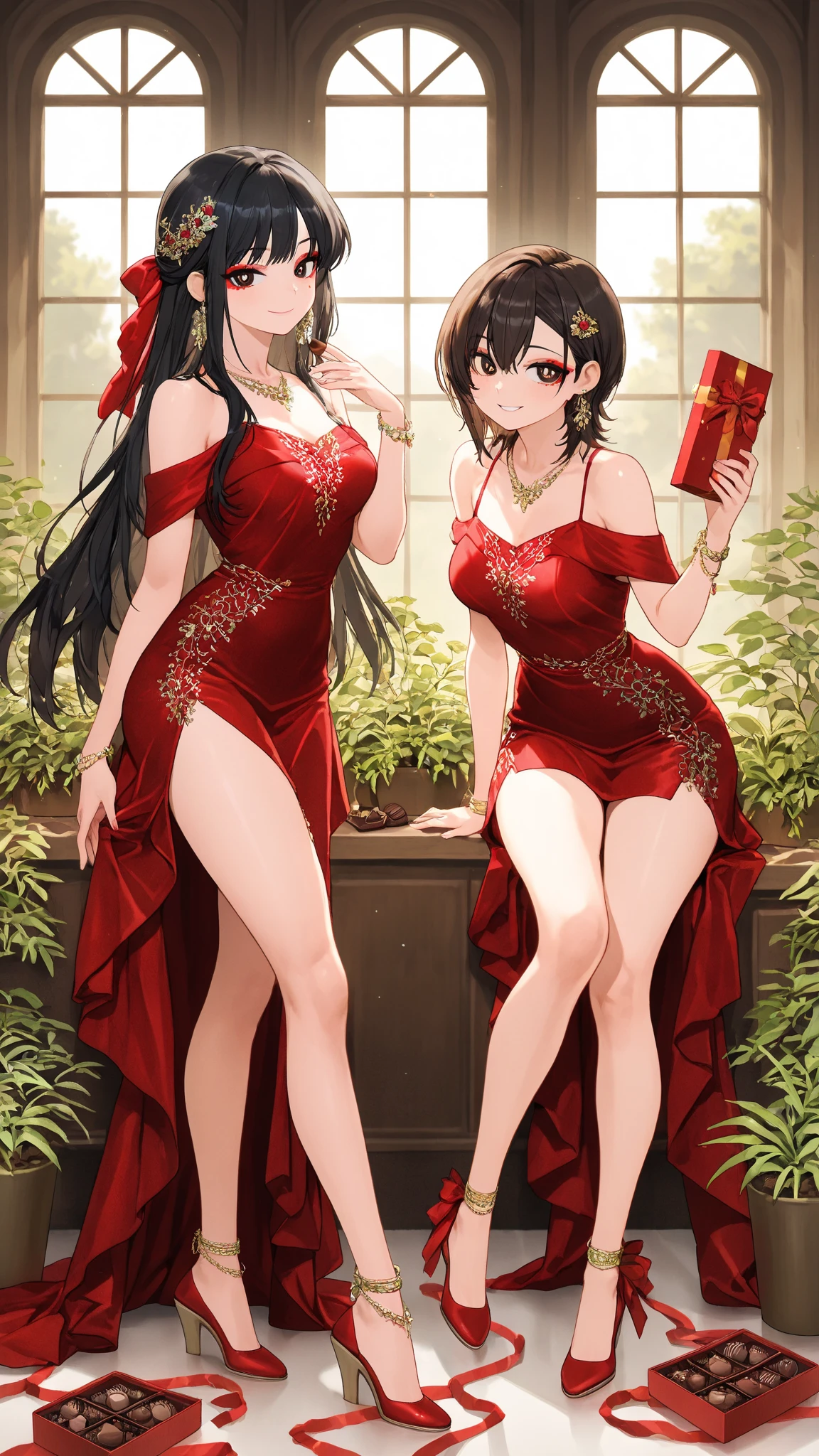 Brown hair, sexy, large breasts, red lingerie, red underwear