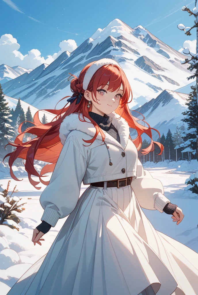((top-quality)),(An unparalleled masterpiece),(The ultra -The high-definition),（Unified８K）,(extremely clear）,The upper part of the body, eris grayrat, Red straight hair, Red eyes、Lifted eyes、Ahoge, shairband,huge tit、Fur and black leather jacket、White shirt、muscular body、Arms crossed、Proud、snowy background、forested background、Beautiful eyes in detail、Focus on people