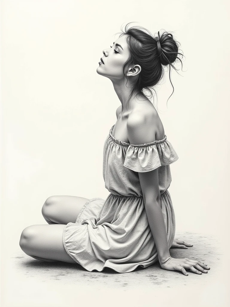 A delicate, graphite nude drawing showing the whole body of a beautiful seated naked woman, her features rendered in subtle shading and precise lines. The framing is wider, capturing her graceful posture and the elegant curve of her spine. Soft, feathery strokes convey the gentle texture of her hair, while the delicate line of her shoulders is emphasized by the pencil's softness. The overall mood is introspective, as if the woman is absorbed in quiet contemplation.