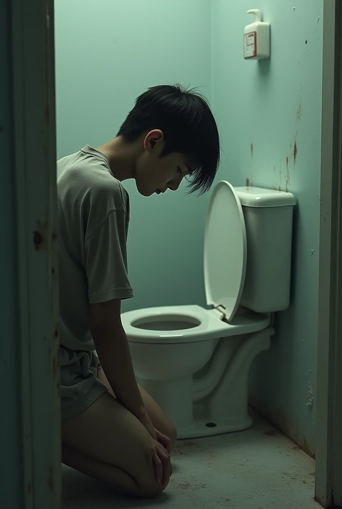 Korean male idol shitting in toilet in bathroom, White shoes, white socks, Take off your pants, shame, Urgent, Wearing a high school gym uniform