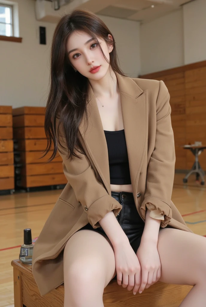 18 years old, the most beautiful woman's face in the world, the perfect body proportions for a woman, blazer is worn on shirt, right shape of her vagina between opened legs, two pairs of labia, her pubic hair, she is sitting on a couch in the living room, nsfw, best quality, highly detailed, masterpiece, ultra high res, photo realistic, 8k