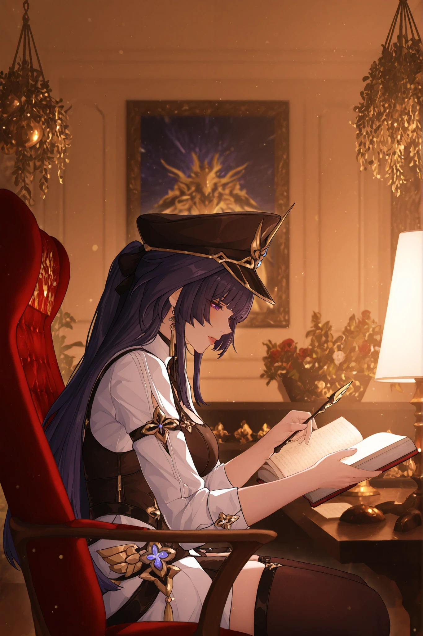 ((apenas)), (Raiden Mei :1.2), Aquecer, holding a book in your hand, mulher linda, cabelo roxo azulado , cabelo longo, cabelo desgrenhado, sidelocks, levado, olhos roxo, olhos brilhantes, seios grandes, decoration, upper body, ao ar livre, Mundo honkai impact, ridiculous masterpiece, cor quente, alto contraste, It's extremely absurd, Scenario sitting on a chair studying, cap inside his bedroom.