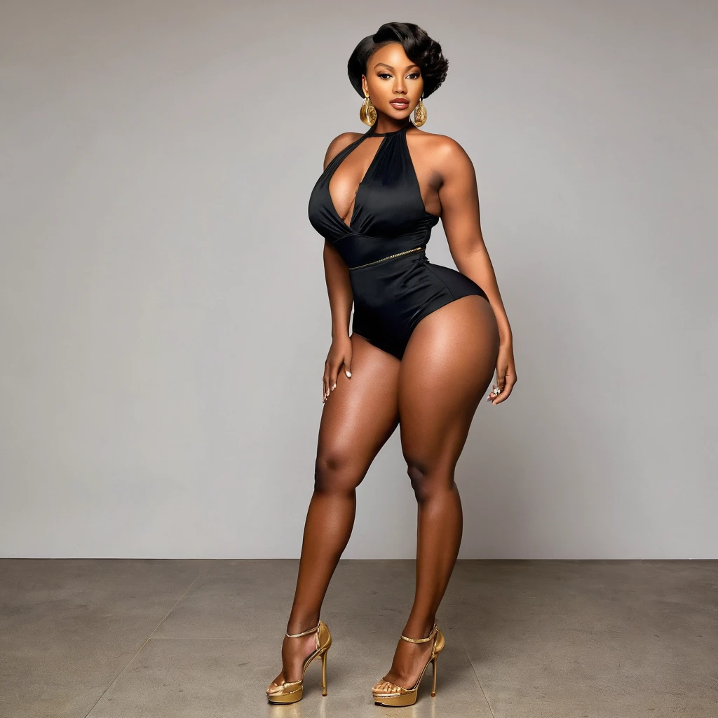 (best quality, ultra-detailed, realistic:1.37),portrait,voluptuous woman,flower,tight dress, Random dress color, passionate look,large buttocks,vibrant colors,soft lighting, standing, full body view, extreme tall, long legs, very tall, tall, black skin, front view, legs slightly apart