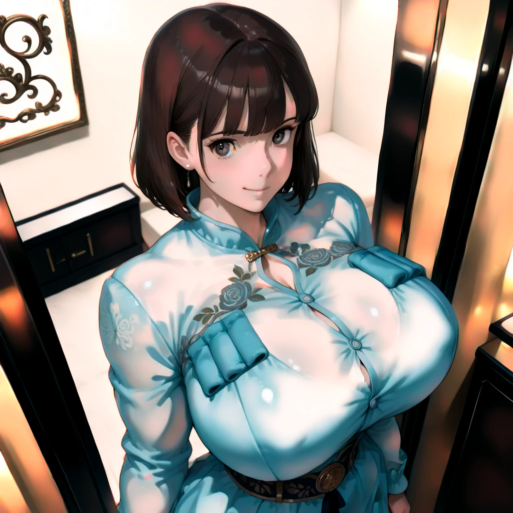 A cartoon character wearing a blue dress standing in a room with a chair, Royal elegant pose, V-shaped clothing with an open neckline, Lori, Female protagonist 👀 :8, tits, fubuki, Beasts, Succubus in a tight short dress, Fluffy breasts, (SFW) Safe at Work, have large breasts, Pixiv 3DCG
