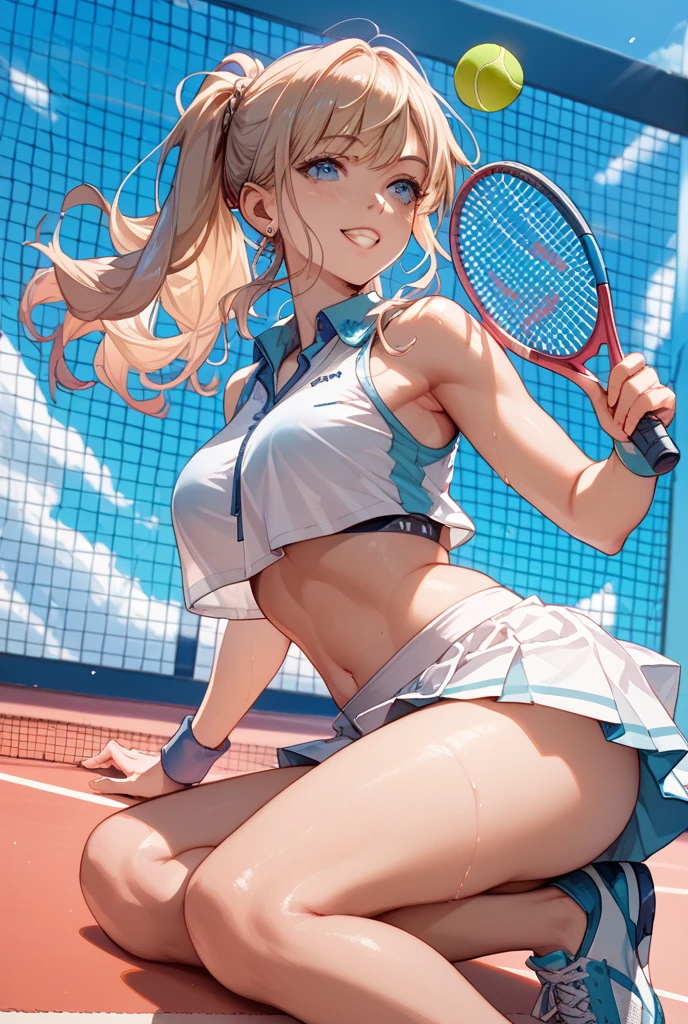 ((Tennis Uniform)),White panties,1girl in, Solo,(A MILF), (((mature female,adult woman))),masuterpiece, of the highest quality, ultra-definition, max resolution, A highly detailed, Clean skin, Extremely sexy,Large breasts,blush,thong,Serious,(Mini skirt),From below,short socks,(no sleeves),white skirt,cleavage,squatting,white shirt,Both knees are attached to each other.outdoor