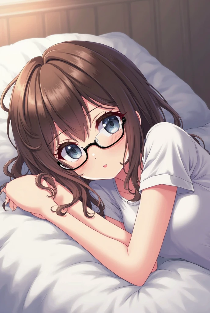 an anime girl, of Brown hair, has glasses, she is naked, he doesn't have any clothes, She is barefoot and lying on a bed with both legs open, She is open-mouthed and worried