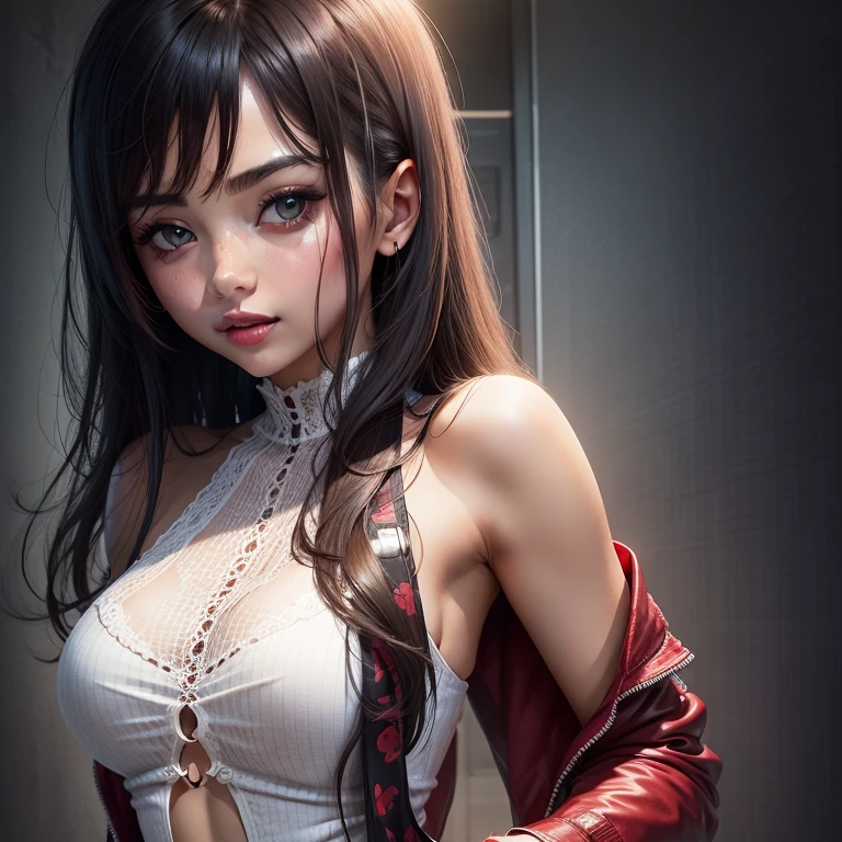 1girl, solo,underwaterbrown hair, brown eyes, parted lips, long sleeves, jacket, simple background, upper body, red background, looking at viewer, teeth, jacket, lips, cosplay, huge breast