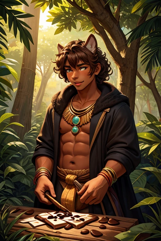 anthro, male, 1boy, solo focus, cat, forest, , night, dim, detailed eyes, detailed speedo, green thong, detailed loincloth, bare chest, slim, plump chest, detailed nipple piercings, underwear bulge, detailed collar